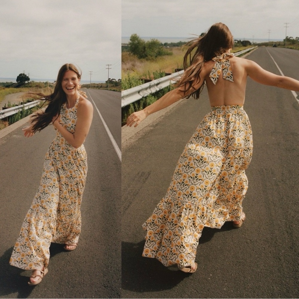 Agua by Agua Bendita Naranja Mimosa Halter Yellow Floral Maxi Dress Size S - Picture 5 of 12